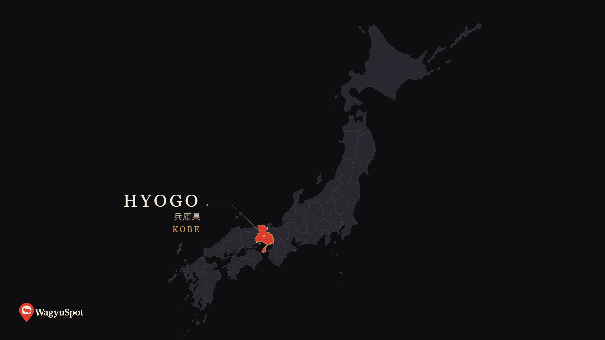Map of Japan with Hyogo Prefecture highlighted, the origin of Tajima Beef Wagyu