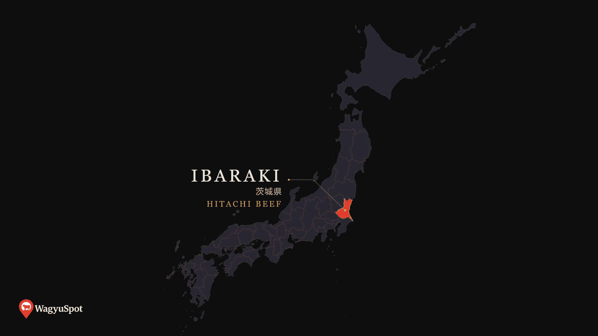 Map of Japan with Ibaraki Prefecture highlighted, the origin of Hitachi Beef Wagyu