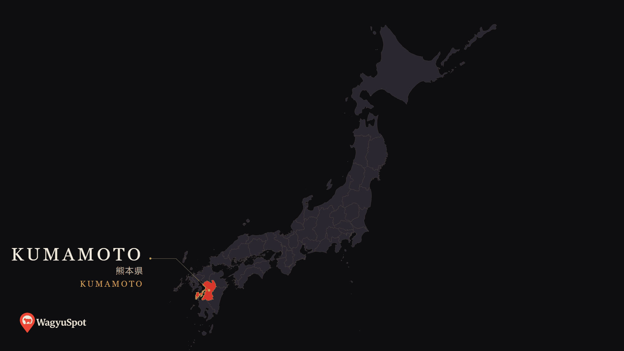 Map of Japan with Kumamoto Prefecture highlighted, the origin of Kumamoto Wagyu