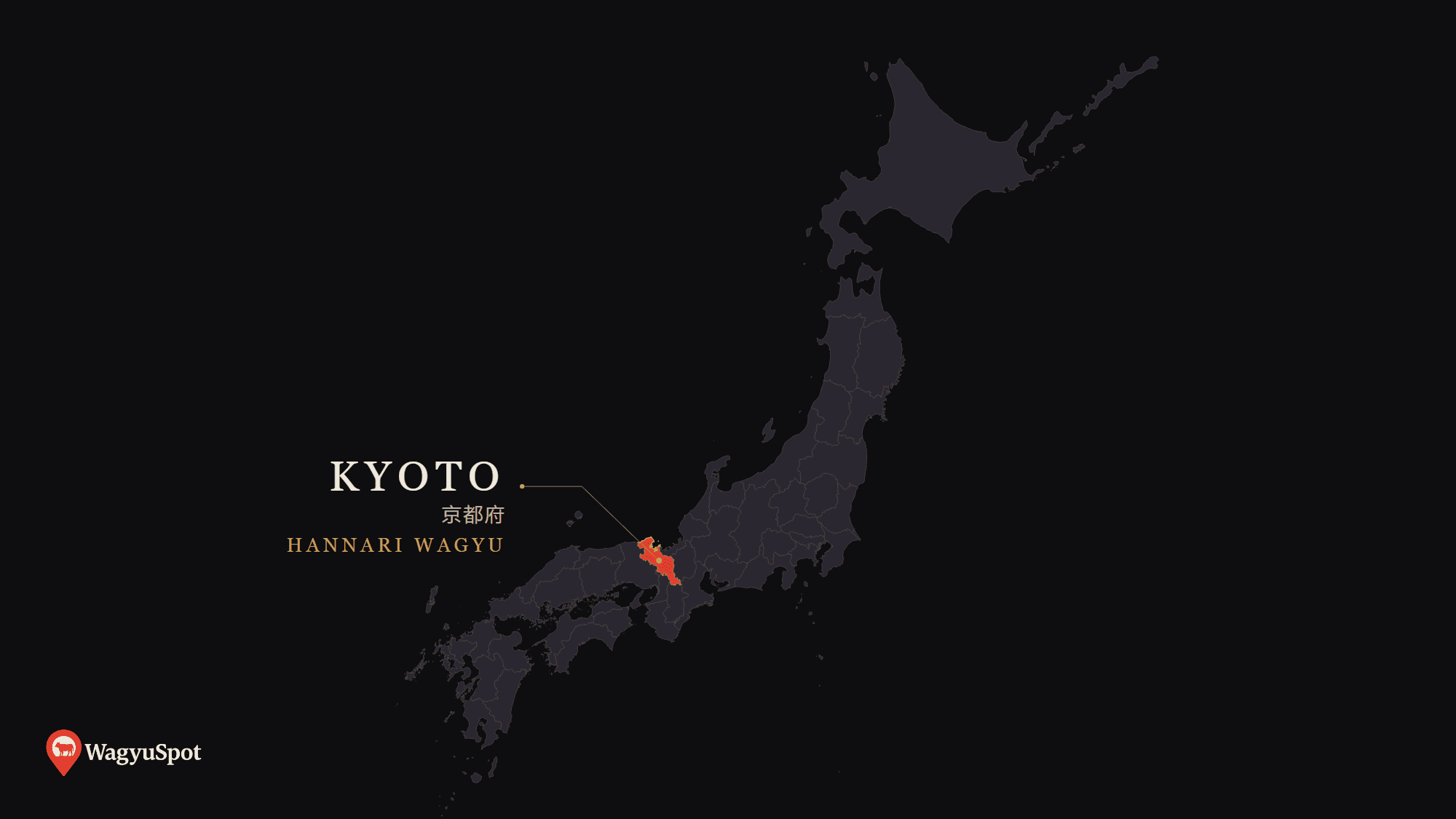 Map of Japan with Kyoto Prefecture highlighted, the origin of Hannari Wagyu