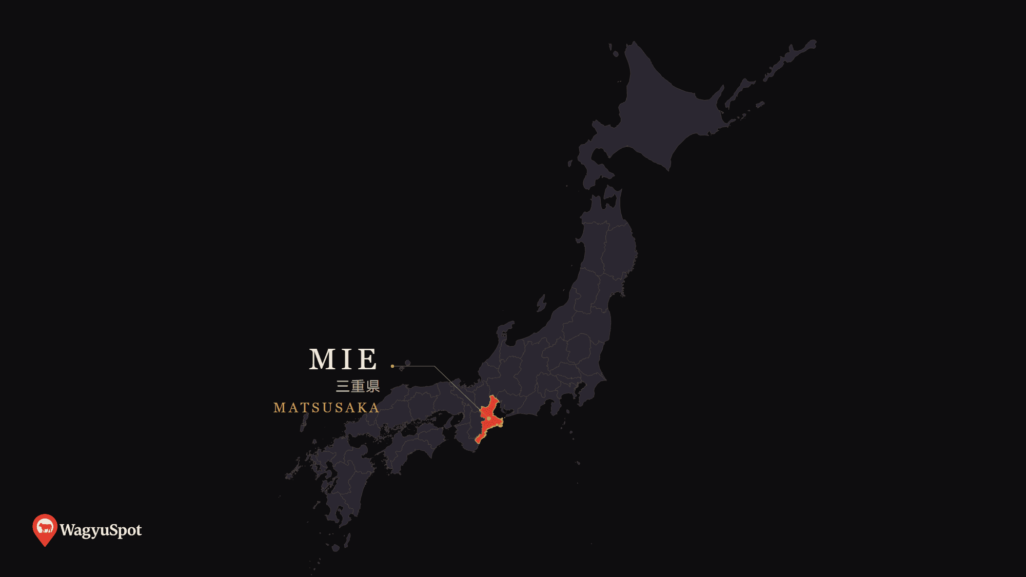Map of Japan with Mie Prefecture highlighted, the origin of Matsusaka Wagyu