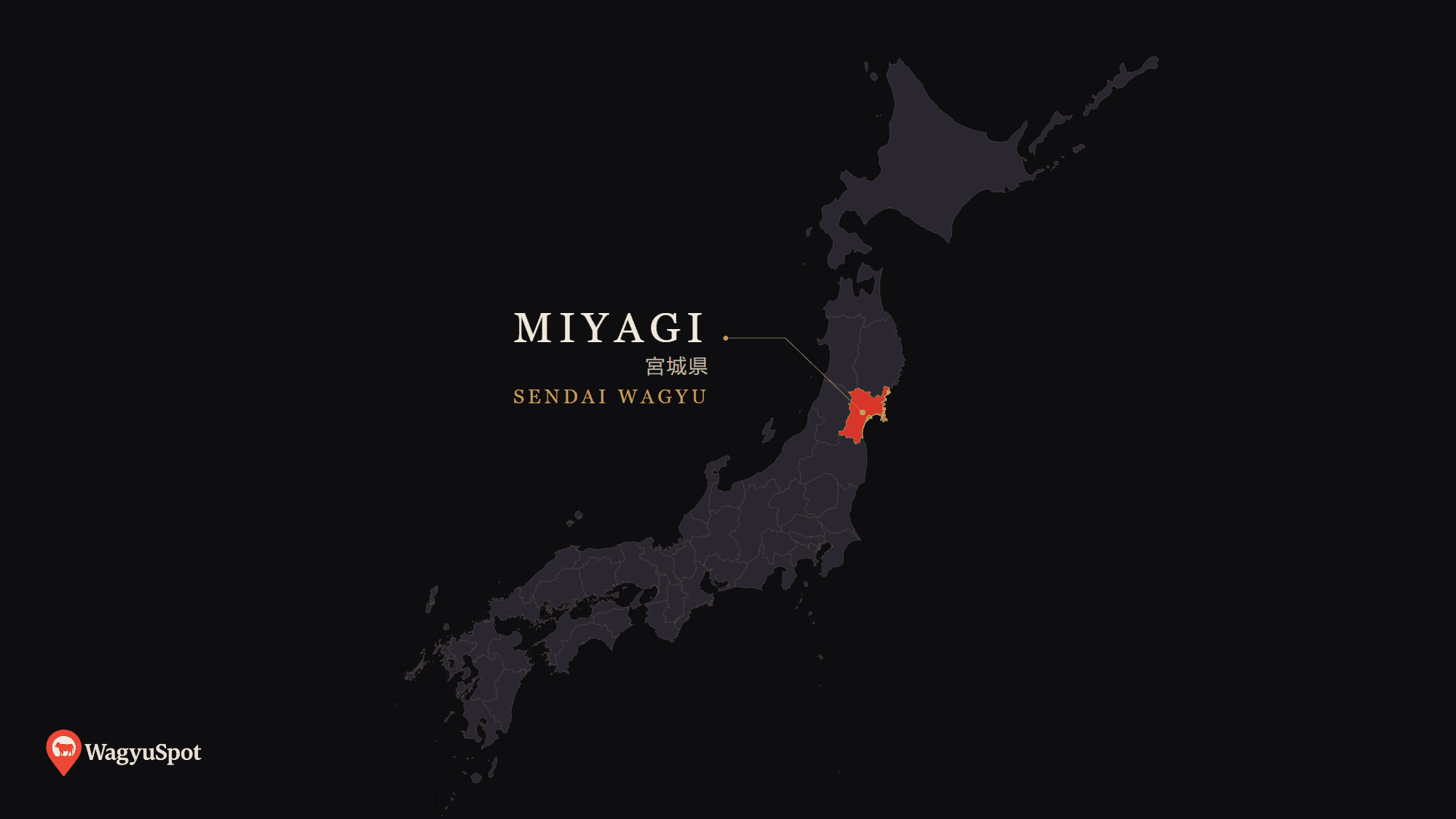Map of Japan with Miyagi Prefecture highlighted, the origin of Sendai Wagyu