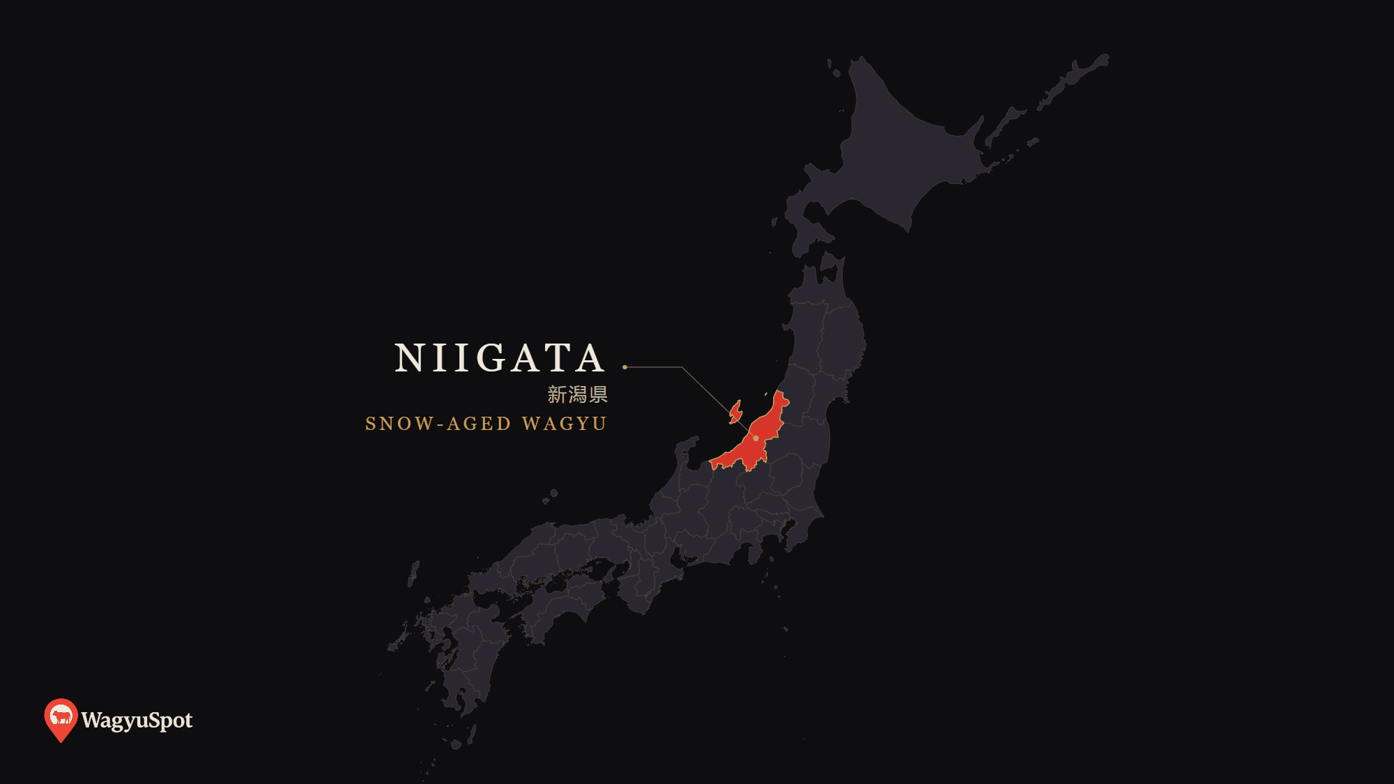 Map of Japan with Niigata Prefecture highlighted, the origin of Snow-Aged Wagyu