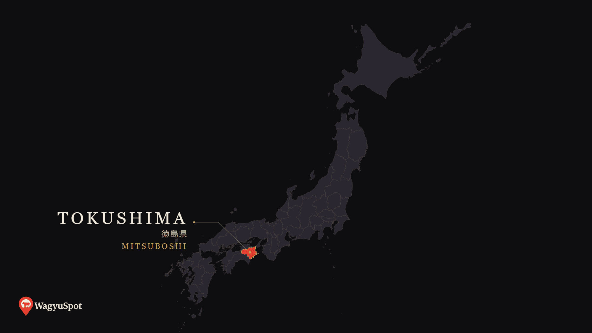 Map of Japan with Tokushima Prefecture highlighted, the origin of Mitsuboshi Wagyu