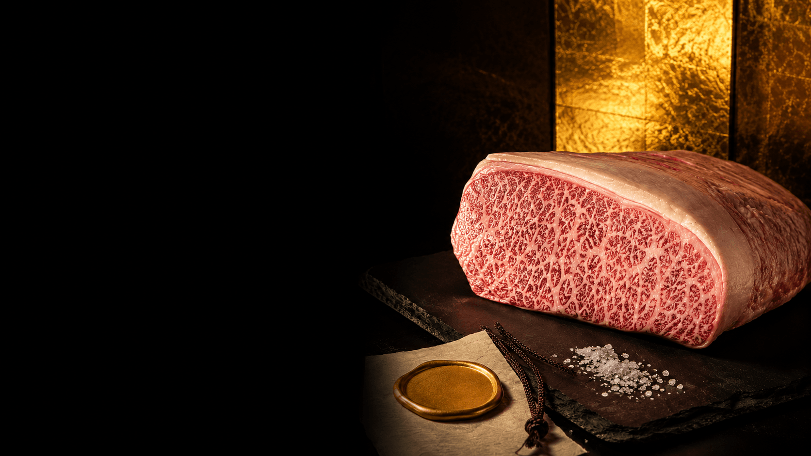 A whole, intensely marbled Kobe beef strip loin on dark slate beside a blank gold wax seal on washi paper, lit against a gold-leaf screen